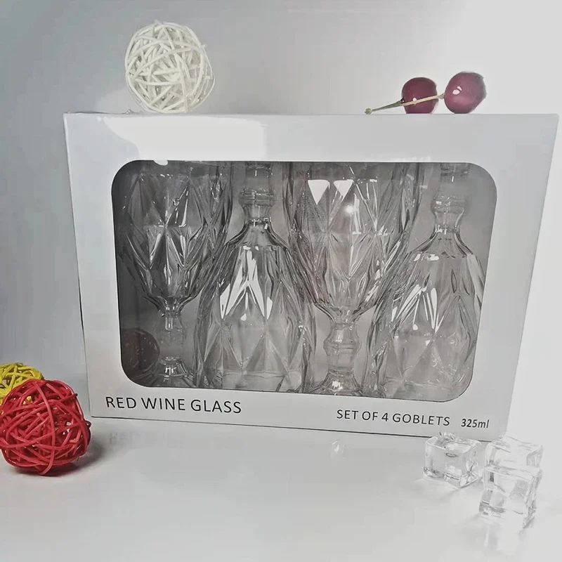 4PCS Plastic Wine Glass Cups Vintage Wine Cup 330ml Embossment Juice Drinking Cups Champagne Transparent Diamond Goblets Cups