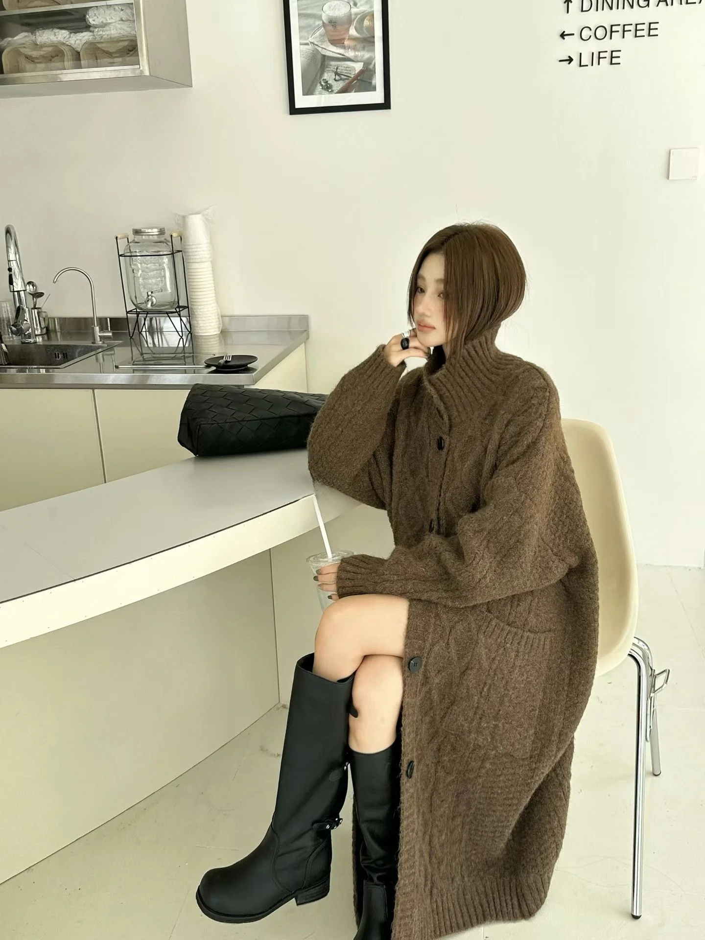 

Long Knitted Cardigan Coat Thi High Collar Women's Sle Korean Lazy Sweater Dr Autumn Winter over Knee Versatile Dr