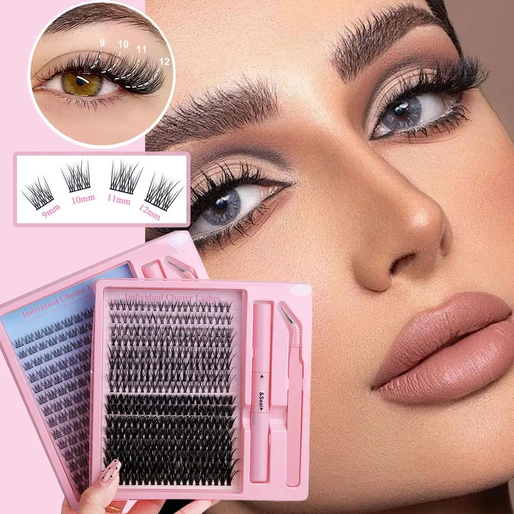 Zestaw do samodzielnego przedłużania rzęs w kępkach, 2 rodzaje rzęs pojedynczych, delikatne, puszyste sztuczne rzęsy z klejem i pęsetą.