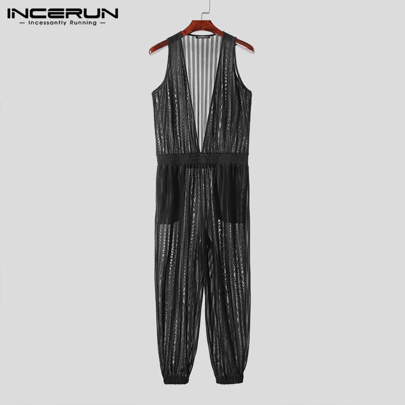 2024 jumpsuit jaring transparan bergaris Deep V Neck tanpa lengan Streetwear Romper pria serut Fashion overall INCERUN