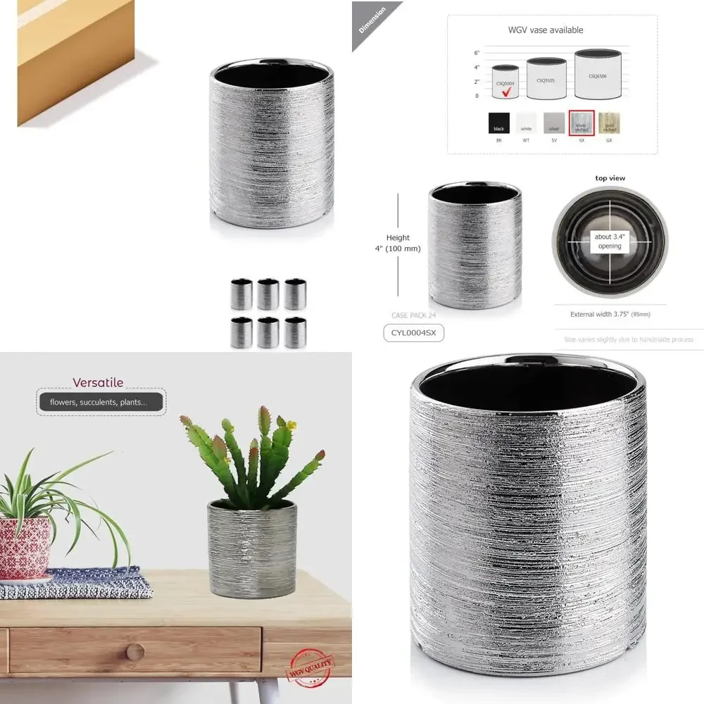 

Elegant Silver Etched Ceramic Cylinder Vase - 3.75 Wide, 4 Tall, Ideal for Flower Arrangements, Candles, Terrariums, and Storage