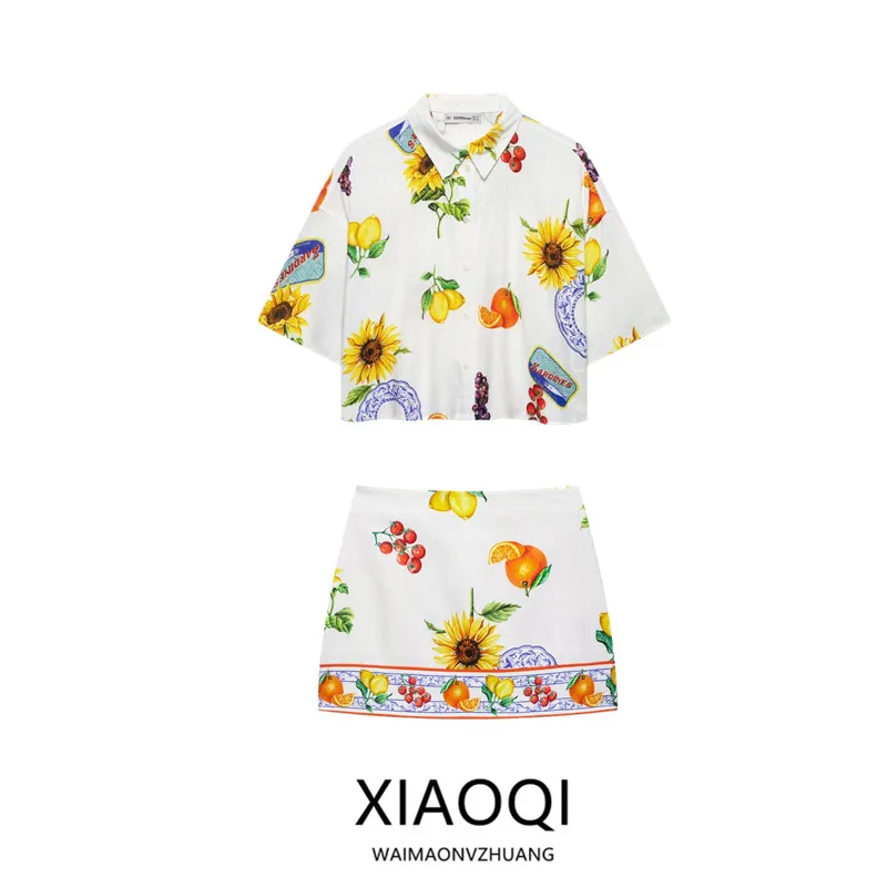 

Summer 2025 Women's Fashion Linen Blend Shirt Print Halter Neck Skirt Versatile Clothing Set for Young Professional Women