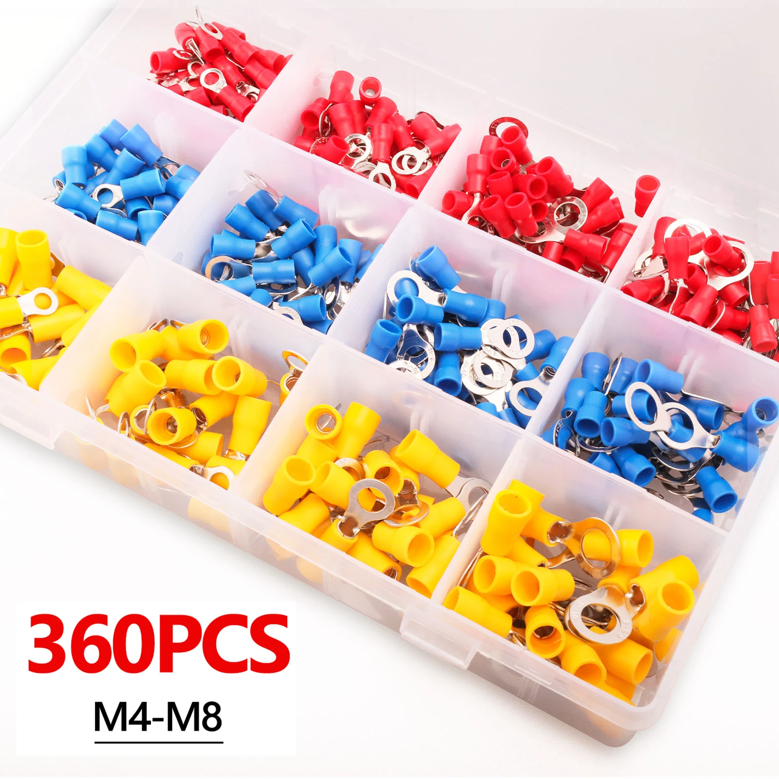 360PCS M4 M5 M6 M8 Ring Crimp Terminals RV1.25 RV2 RV5.5 Insulated Electrical Cable Wire Connectors 22-10AWG with Box