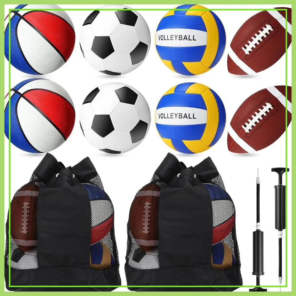 

8 Pcs Sports Balls Set: Basketball, Football, Soccer, Volleyball with 2 Bags & 2 Pumps for Adults