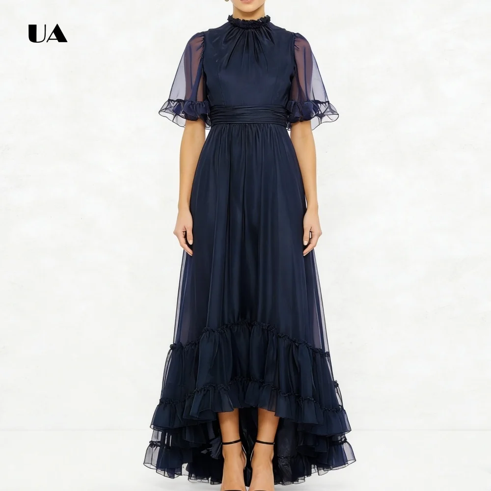 

ULBYANRY Ruffled Organza High-low Prom Dress Solid Mock Neck Evening Dress for Woman Sheer Flutter Sleeve Customized Party Gown
