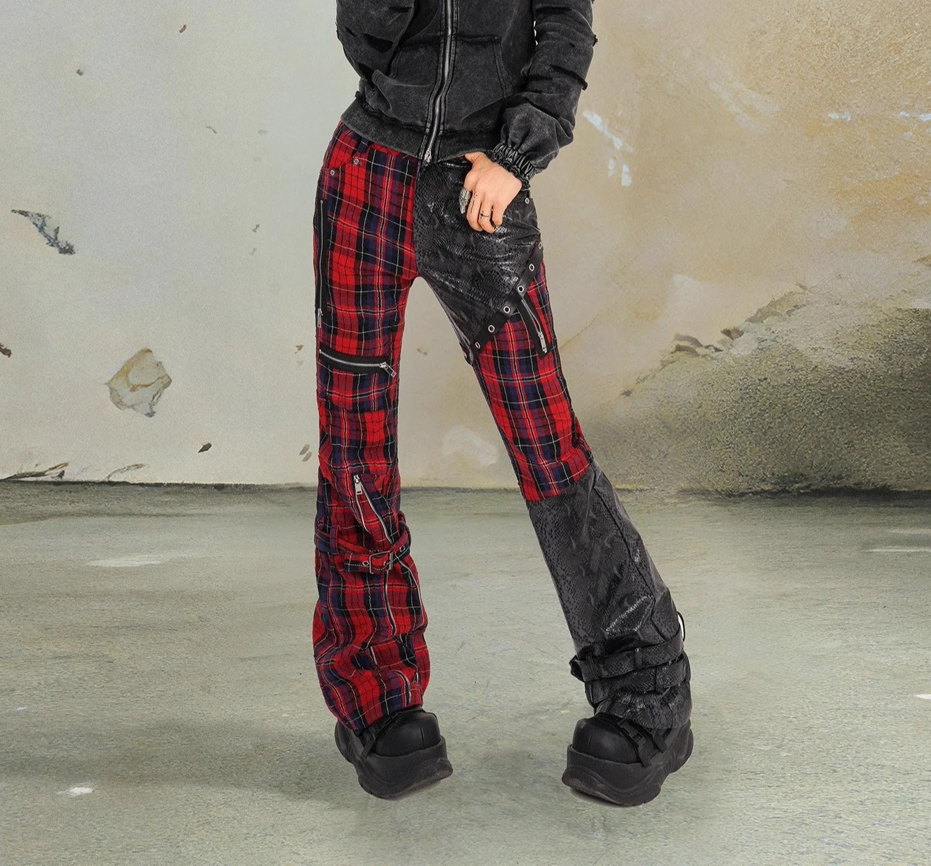 Punk Street Leather Black Red Plaid Street Slim Fashion Trousers Spring Autumn Personalized Girl Versatile High Waist Trouserses