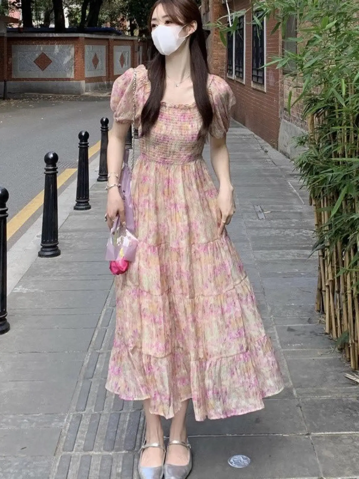 summer-2025-large-size-floral-print-dress-with-puffy-sleeves-waist-cinching-tea-break-tunic-top-pocket-square-elegant-women's