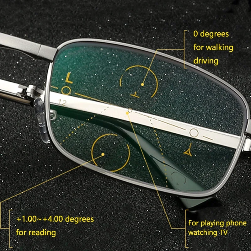 Folding Reading Glasses Portable Progressive Biofocal Eyewear Mens Parent Anti-Blue Ray Presbyopic Eyeglasses with Leather Case