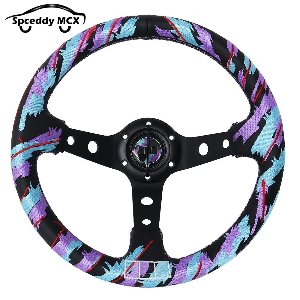 Racing Drift Sport Steering Wheel Real Leather 13inch 320mm Deep Dish Car Modified Steering Wheel With Embroidery KS260713