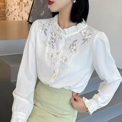 Fashion Office Woman Shirt Hollow Embroidery Pearl Buckle Stand Collar Long Sleeve Spring Autumn Elegant Artificial Silk Blouse