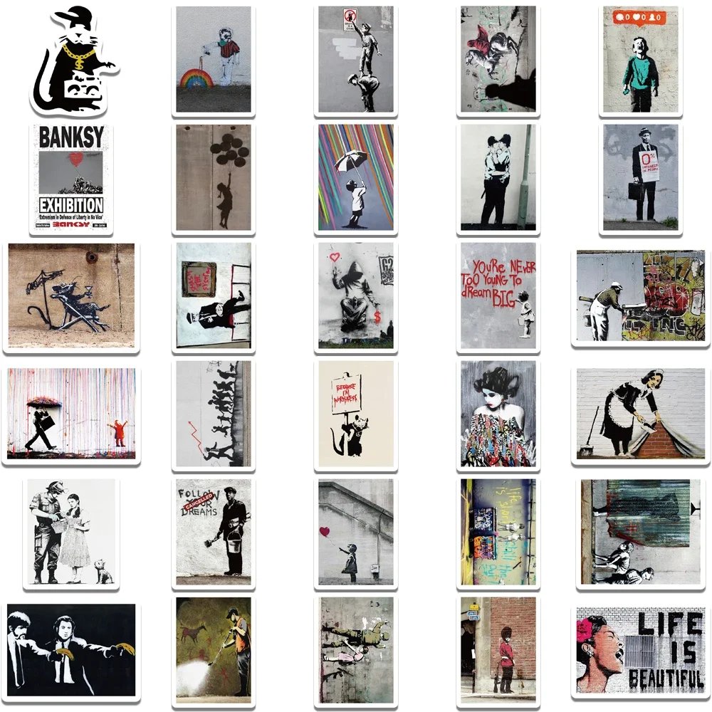 Banksy Sculptures Flower Thrower Stickers, Cool Street Art, Graffiti Stickers, Bagages, Ordinateur portable, Skateboard, Téléphone, Vélo, 67Pcs