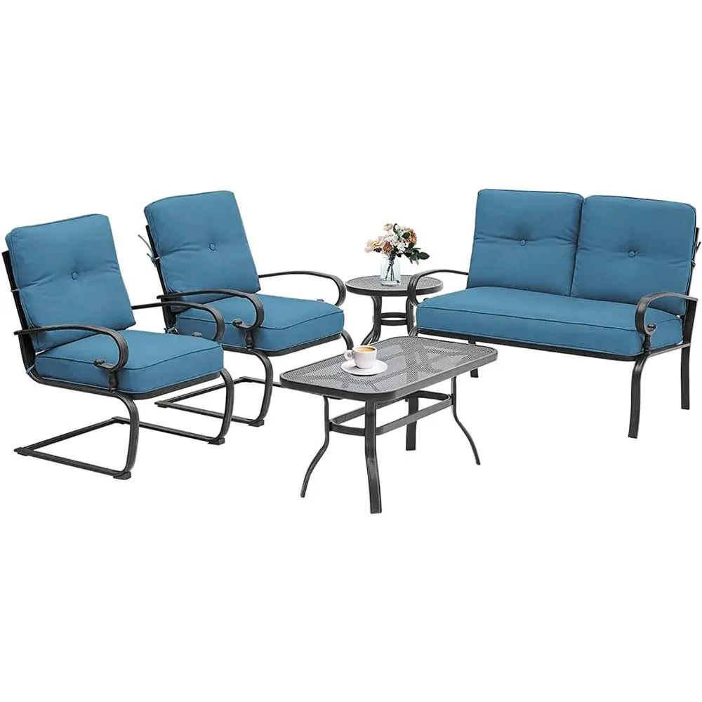 5-piece metal wrought iron patio furniture set (two-seater, coffee and bistro table, 2 spring chairs) with back cushions