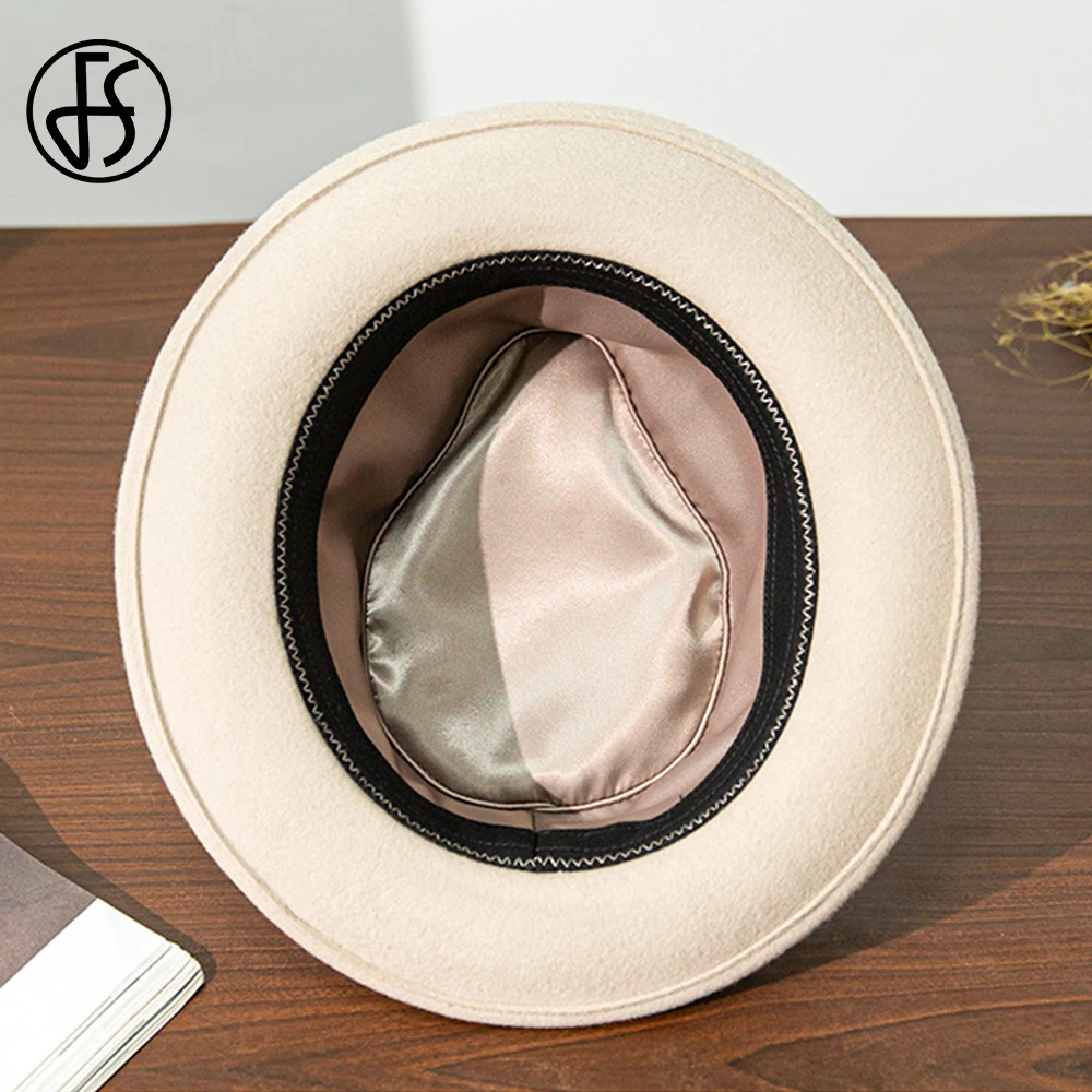 FS Vintage Wool Felt Fedoras Black Cowboy Hats For Men Feather Beige Jazz Panama Hat Coffee Gentleman Gangster Cap Winter