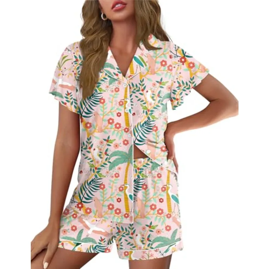 

Ekouaer Pajamas for Women Set Button Up Pjs Short Sleeve Ruffle Sleepwear Notch Collar Bride Soft Pj Lounge Sets S-XXL