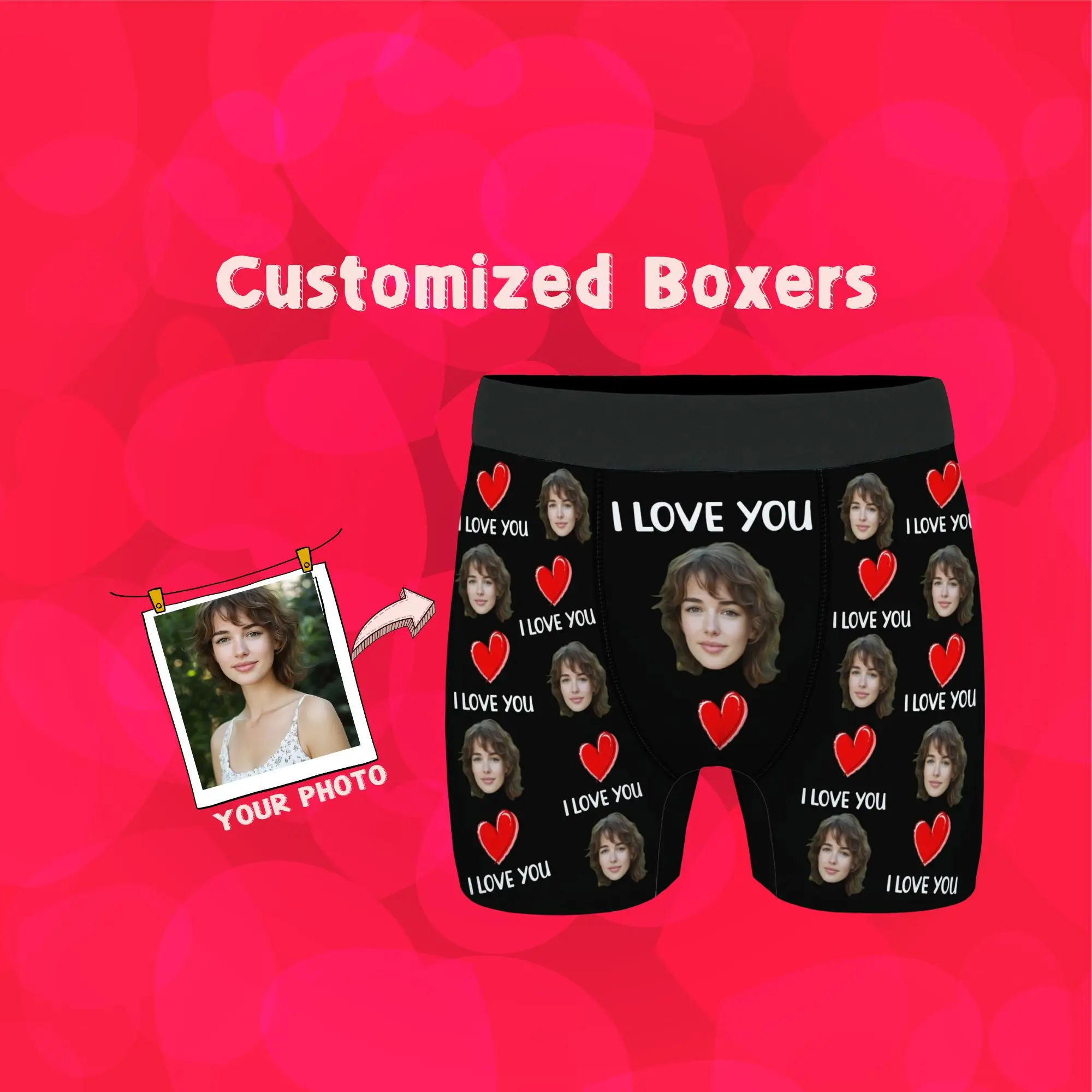 

Men Custom Photo Underwear Valentine Day Gift Red Heart Couple Ideal Birthday or Valentine'S Day Romantic Playful Novelty Design