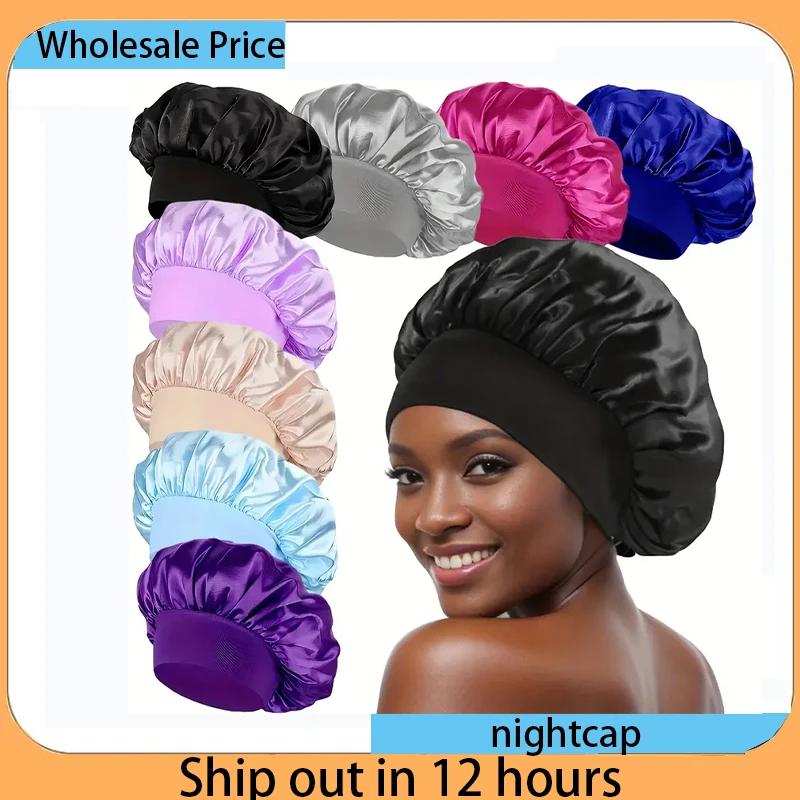 1pc Silky Satin Cap Reusable Elastic Wide Band Shower Cap Sleeping Cap Hair Protective Cap for Women Curly Natural Hair