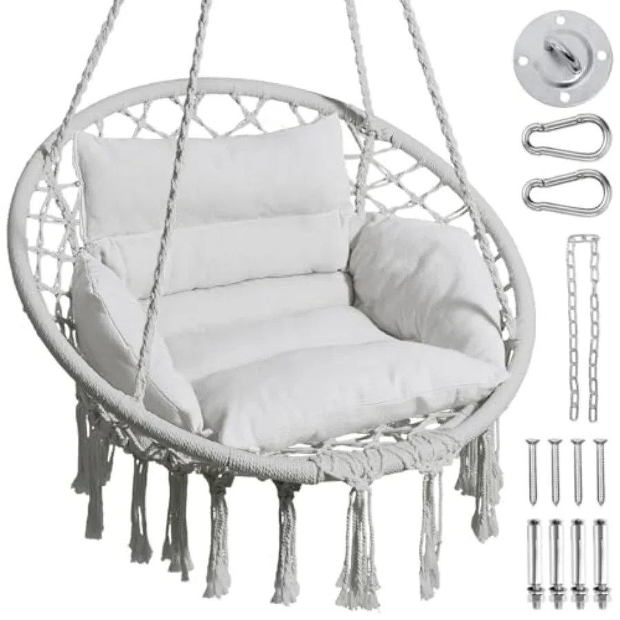 

Hammock Chair Macrame Swing Chair with Comfy Cushion Boho Hanging Chair for Outdoor and Indoor Perfect for Bedroom Patio Balcon