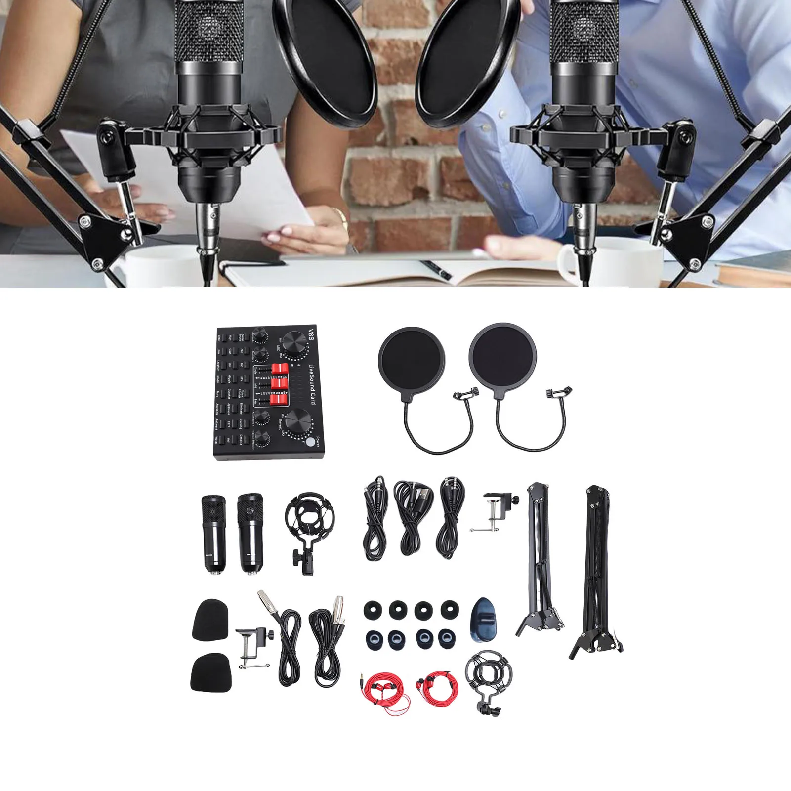 Microfoon Bundel met Geluidskaart 120 kHz 24 Bit BP1048B2 Chip Condensator Microfoon Kit met Roterende Stand Oortelefoon voor Studio