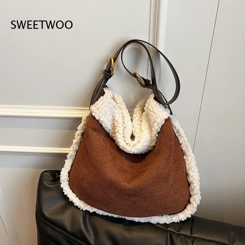 Suede Hobo Shoulder Bag Women Fuzzy Fleece Trim Adjustable Faux Leather Strap Soft Large Casual Daily Tote Handbag