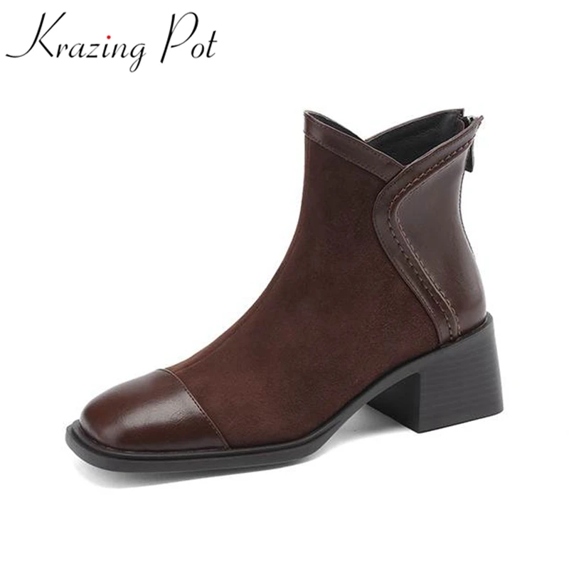 

Krazing Pot Sheep Suede Round Toe Thick Heels Winter Keep Warm Chelsea Boots Zip Business Beauty Casual Office Lady Ankle Boots