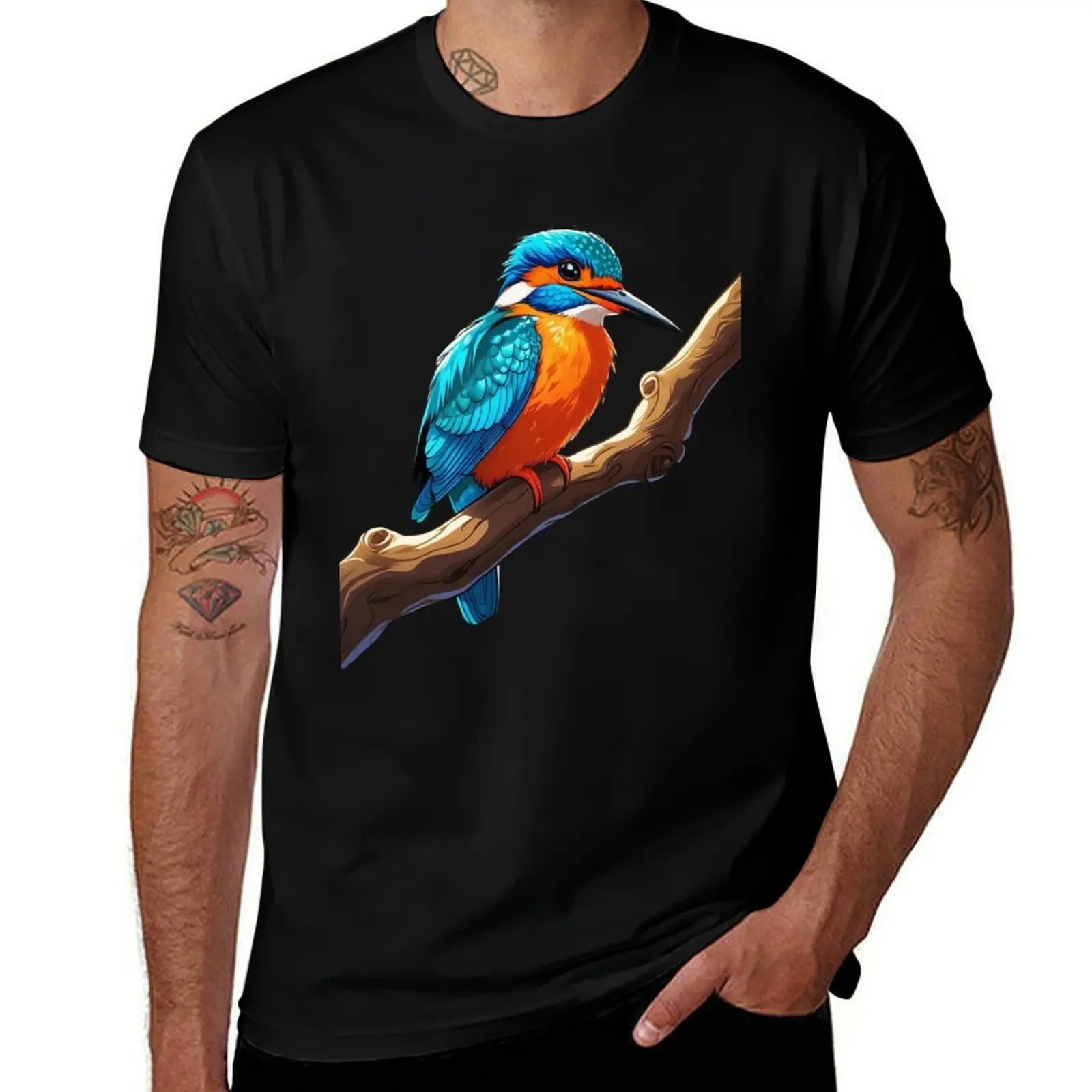 

Colorful Kingfisher Cartoon on Branch – Vibrant Bird Illustration T-Shirt korean fashion plain t shirts men