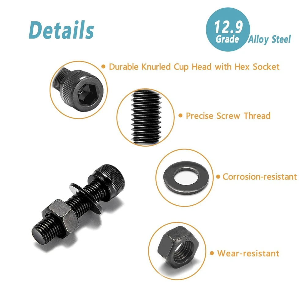 1230pcs M2 M3 M4 M5 Screws Nuts and Flat Washers Grade 12.9 Alloy Steel Hex Socket Head Cap Bolts and Nuts Kit Black Anti Rust