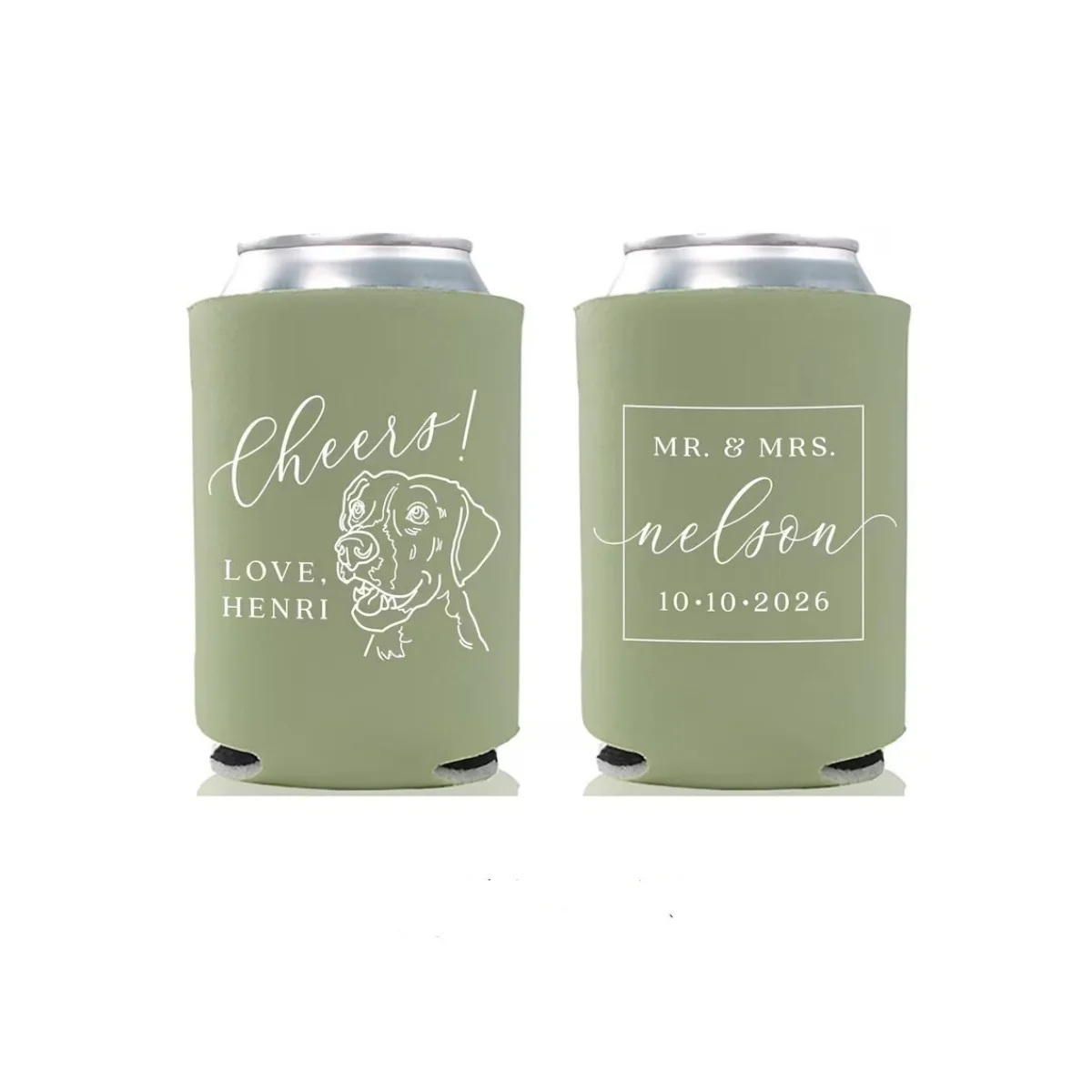 

Wedding Can Cooler #204R - Custom Pet Illustration - Cheers - Wedding Favors, Beverage Holder, Wedding Favor, Can Holder, Can In