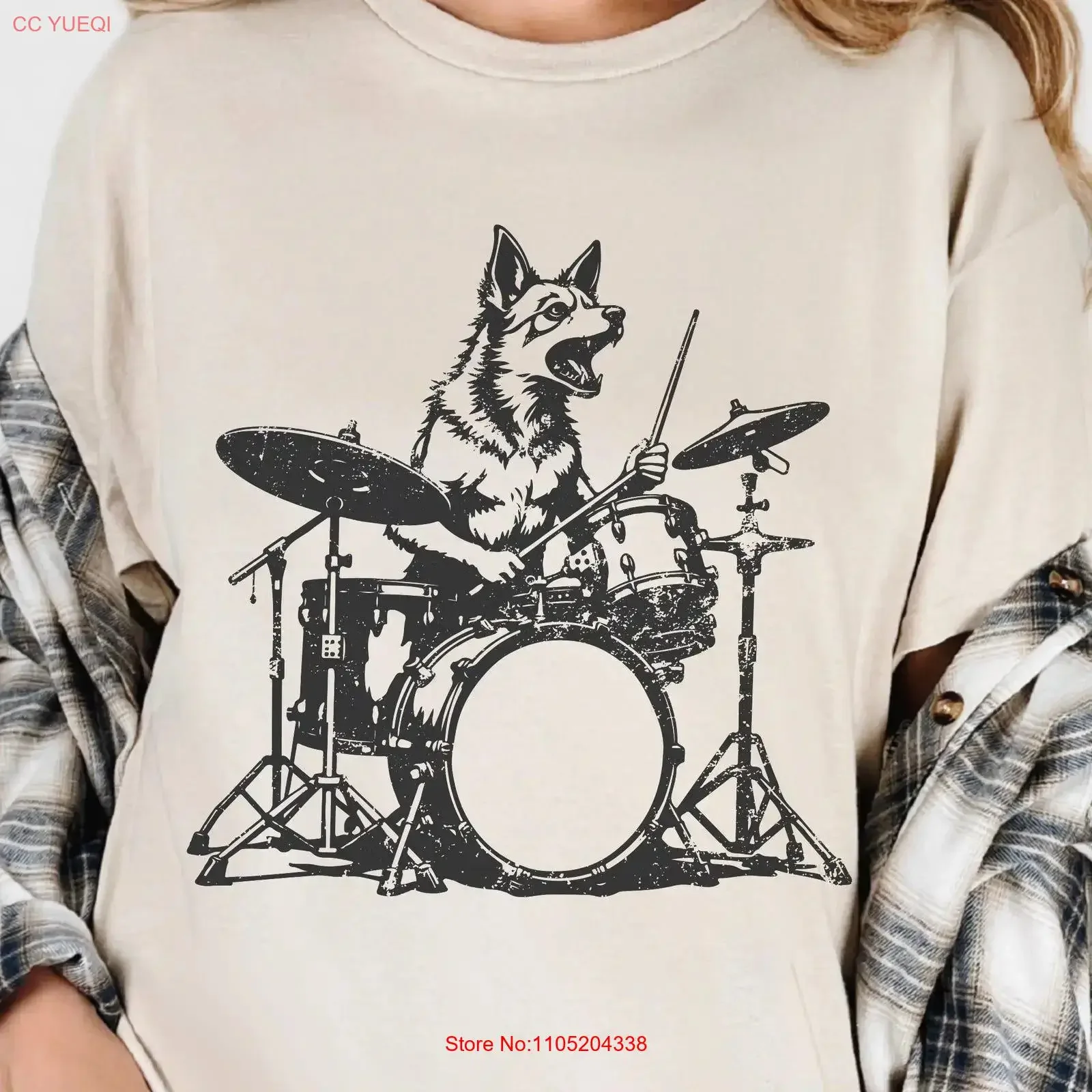 Dog playing drums T Shirt gift rocking tee funny drumming music band wild loud vintage Washed Unisex Stretched fashion Slightly