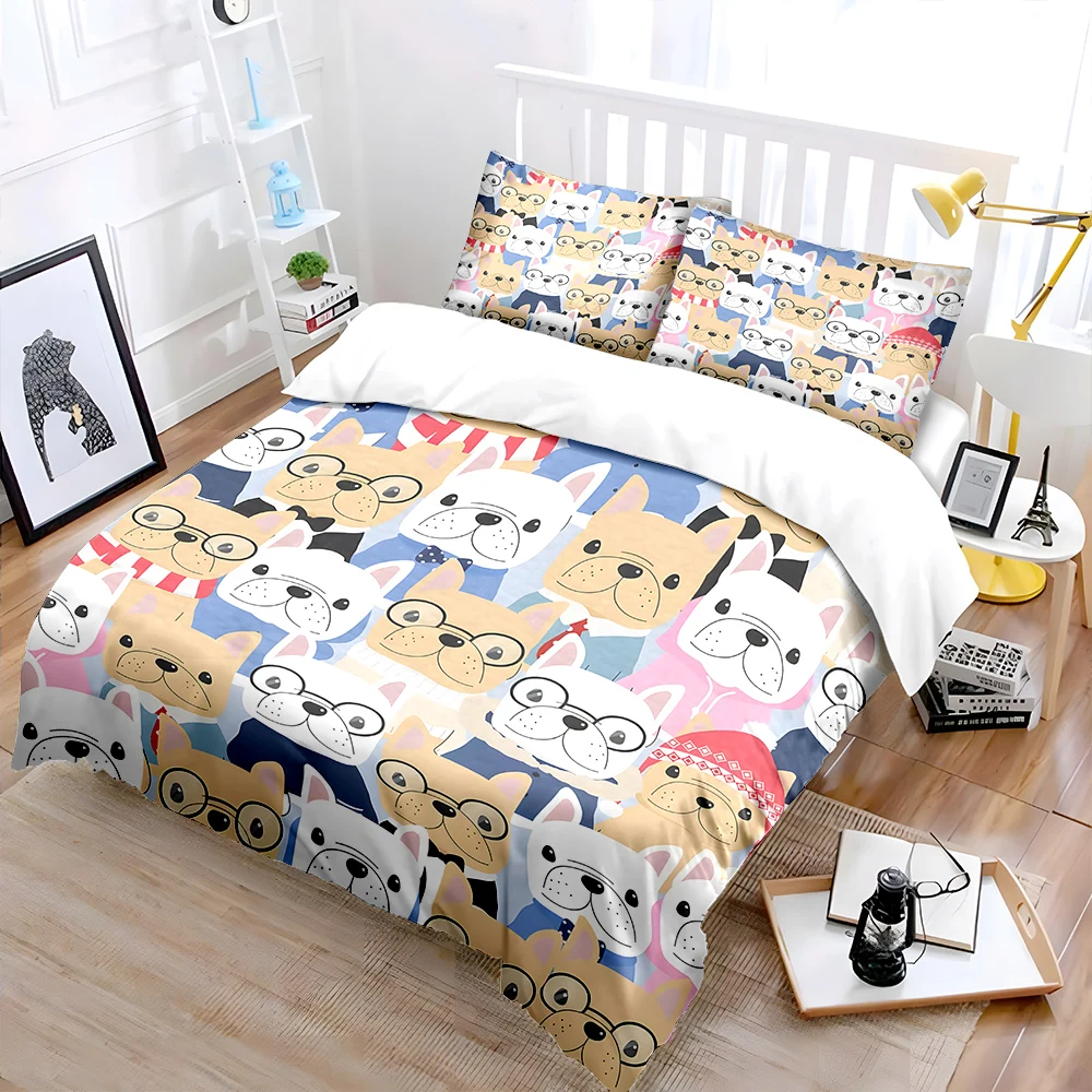 Cartoon French Bulldogs Collection Pattern Duvet Cover Set Digital Print Polyester Bedding with Zipper Closur for kids gifts