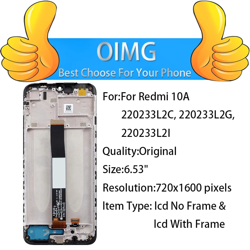 For Xiaomi Redmi 10A LCD Display Touch Screen With Frame Digitizer Assembly Replacement 220233L2C 220233L2G 220233L2I