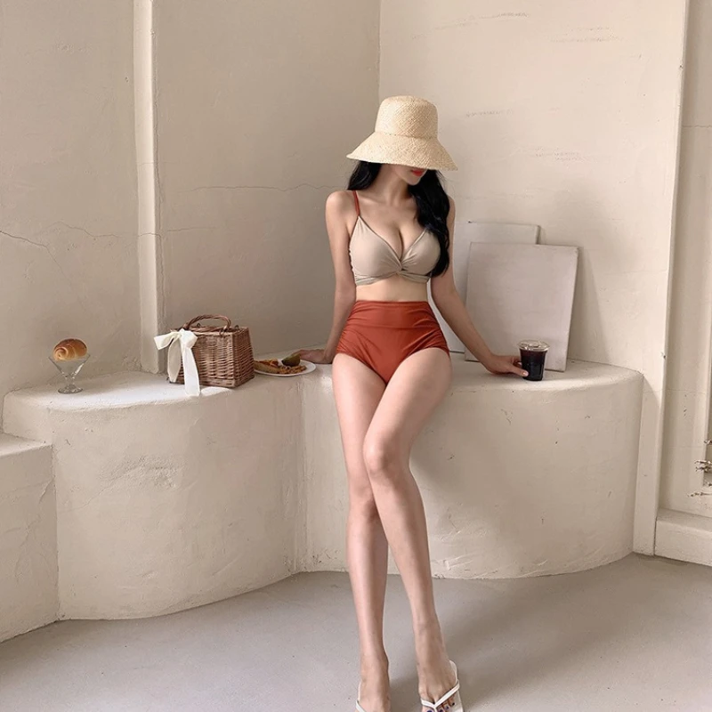 新しいハイウエストビキニセット - プッシュアップパッド入りスモールバスト水着、お腹を引き締めるスリム水着、温泉や休暇に最適