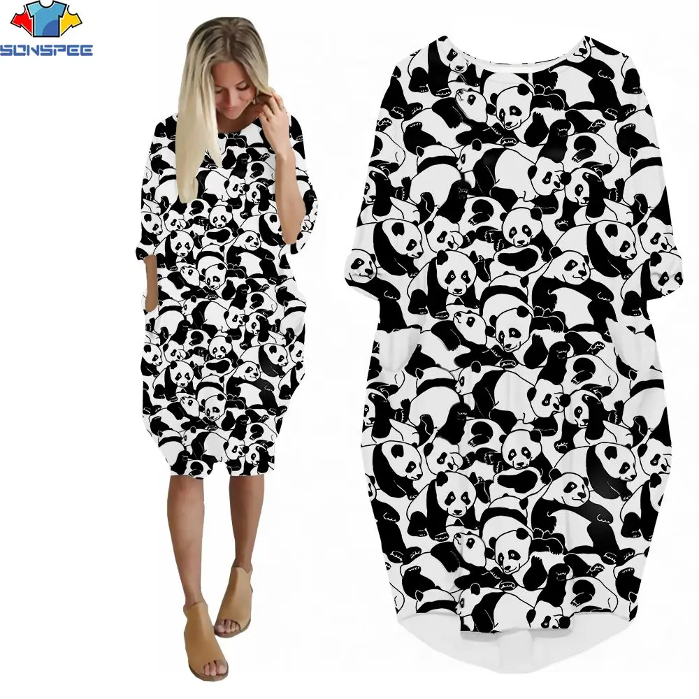 SONSPEE 3D Print New Ladies Cartoon Dress Funny Animal Blac White Panda Tiled Summer Fashion Short Sleeve Shopping Pocket Skirts