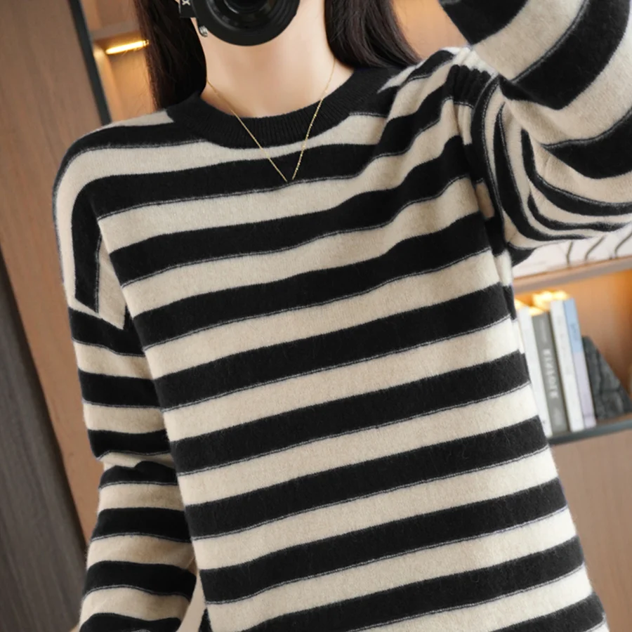 O-Neck Stripe Pullovers for Women Spring Summer Long Sleeve Casual Cotton Soft Thin Sweater T Shirt Girl Korea Fashion Tops