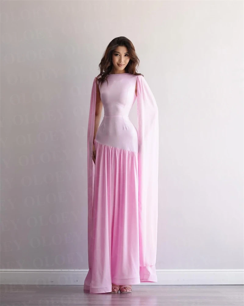 

OLOEY Simple Pink Evening Party Dresses Arabic Women Long Cape Sleeves Arabic Women Prom Gowns Wedding Party Customized Vestidos