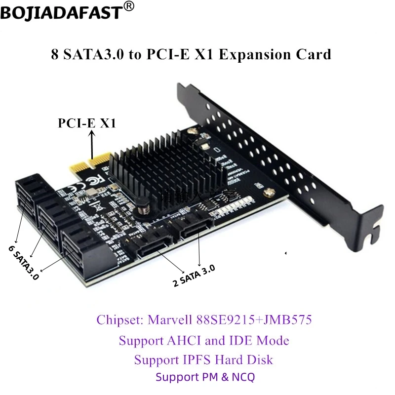 8 x SATA 3.0 Connector to PCI Express X1 PCI-E 1X Expansion Riser Card 6Gbps 88SE9215 JMB575 For Hard Disk Drive HDD SSD