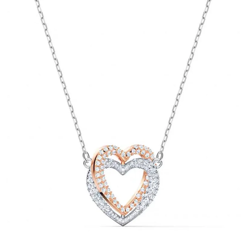 Collar con Colgante de Corazón Doble Calado Amor Eterno Nueva Moda Conjunto de Joyería Fina Collar con Incrustaciones de Cristal en Oro Rosa para Mujer