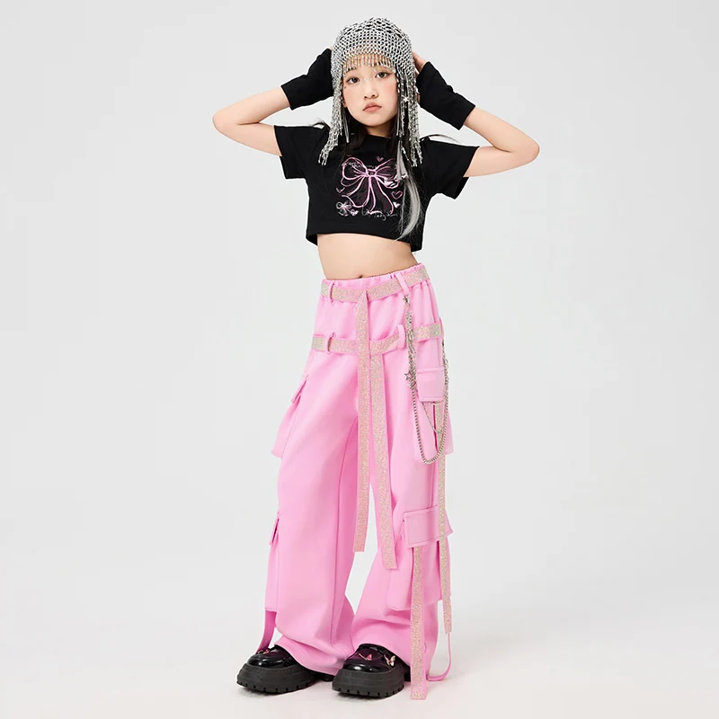 Meninas jazz dança desempenho roupas preto colheita topos rosa calças de carga linha cristal kpop street wear passarela concerto outfit 15960