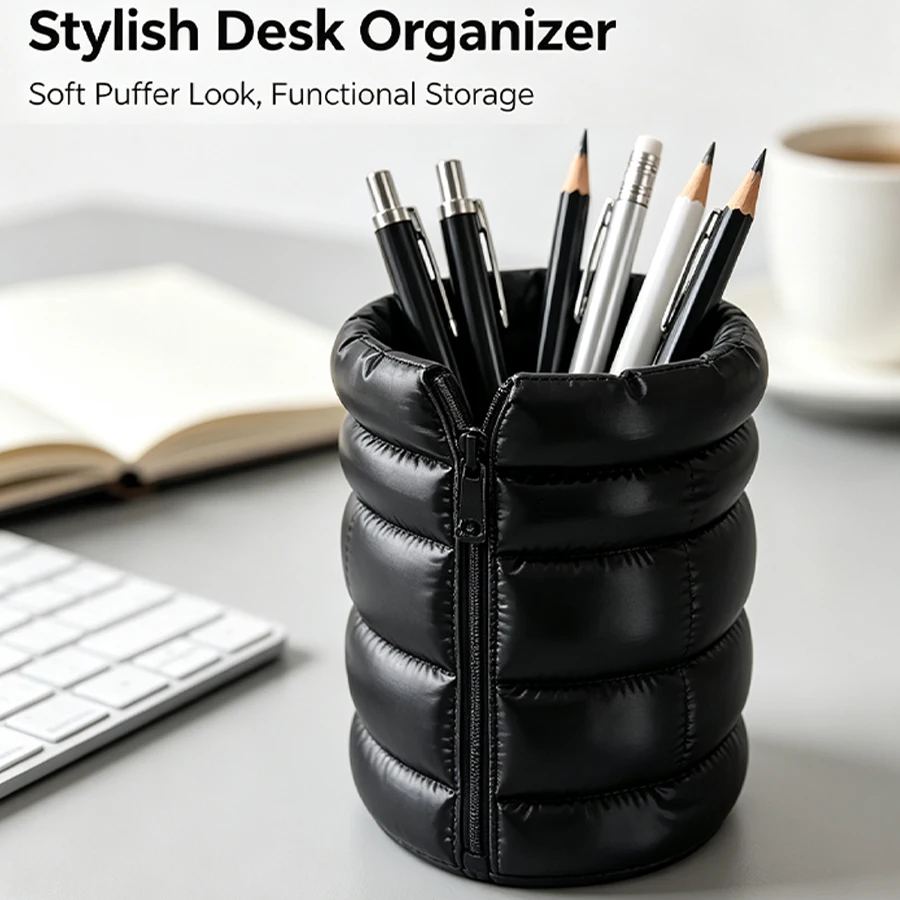 Black Quilted Puff Pen Holder, Stylish Zippered Desktop Organizer, Multifunctional Storage Container, Can Hold Pens, Markers, Makeup Brushes, a Great Item for Student and Office Desks