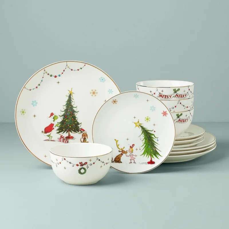 Merry Grinchmas Dinnerware Set,made of Durable,versatile White Porcelain Intended for Everyday Use.Add Festive Atmosphere