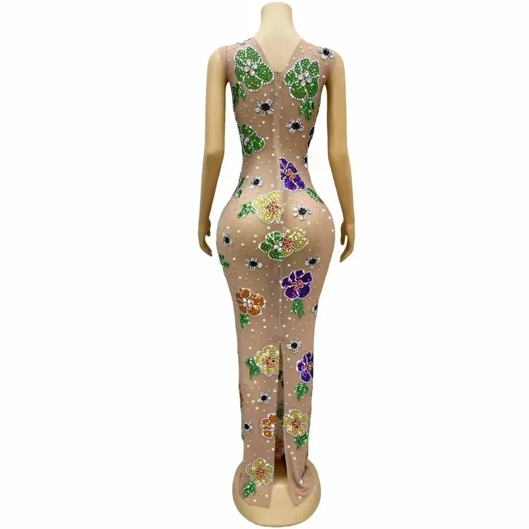 Women Birthday Evening Red Carpet Gown Stretchy Costume Sexy Special Designed Shining Colourful Rhinestones Flowers Mesh Dress