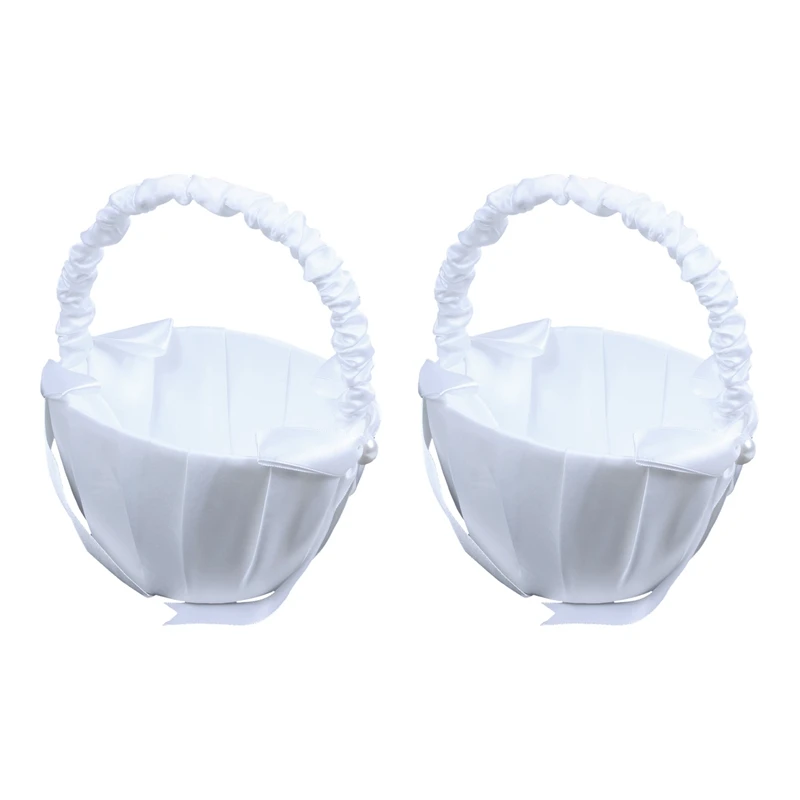 2X White Satin Beaded Wedding Flower Girl Basket Bowknot Decor