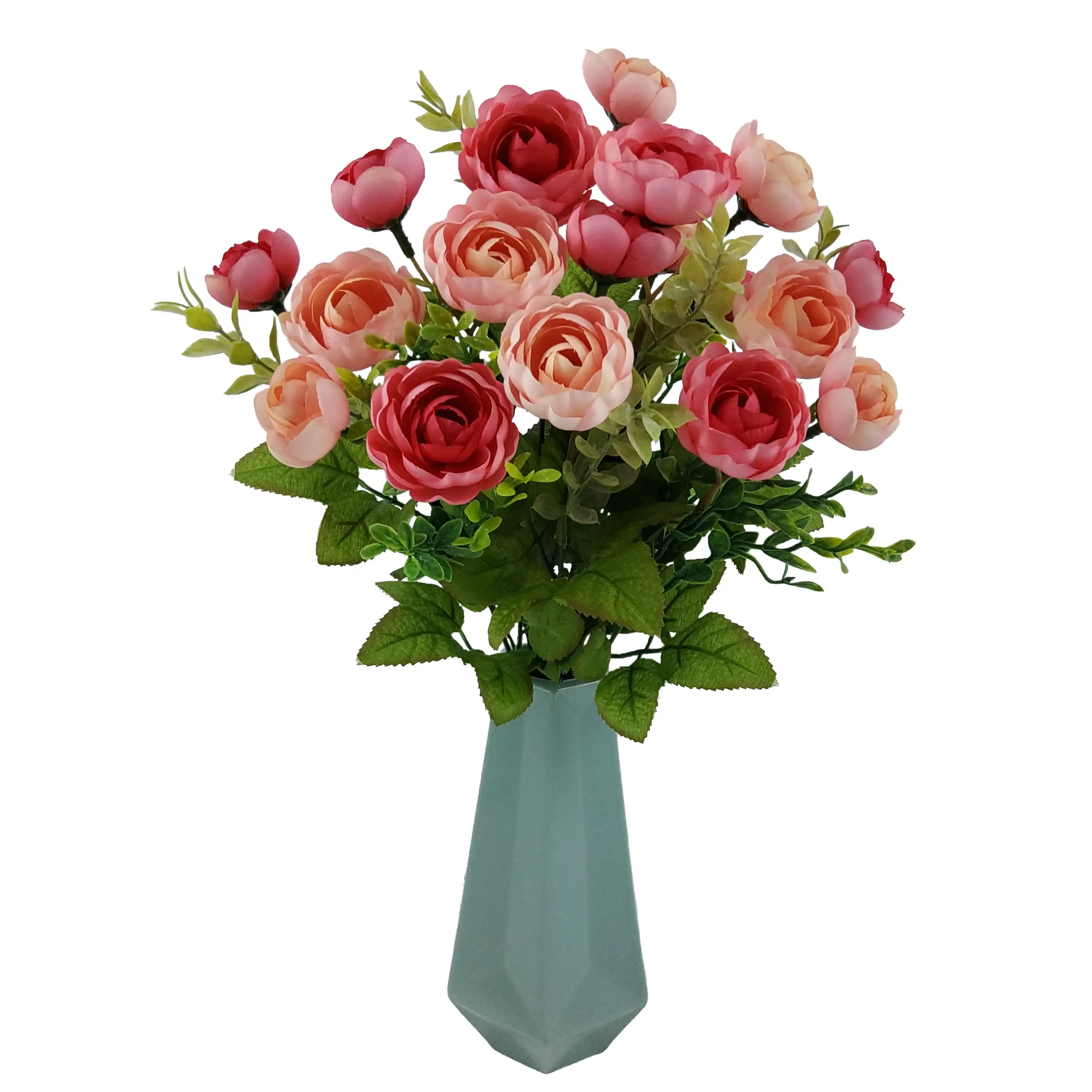 17in Indoor Artificial Mini Ranunculus Bush with Leaves, Orange Color.