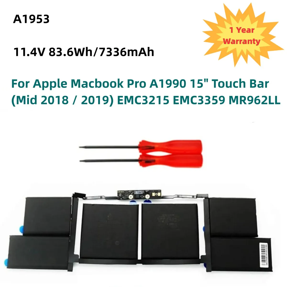 

A1953 Laptop Battery for Apple Macbook Pro A1990 15" Touch Bar (Mid 2018 / 2019) EMC3215 EMC3359 MR962LL 11.4V 83.6Wh