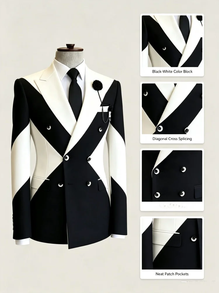 Men Slim Fit Black White Color Block Blazer Double Breasted Peak Lapel Suit Jacket for Wedding Groom Prom Party Stage Events