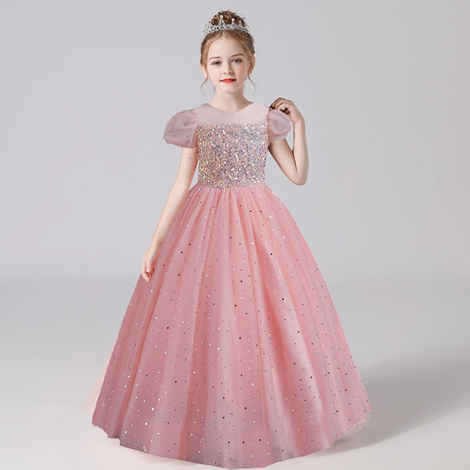 

Elizabeth Fashion Little Big Girls Sequined Puff Sleeves Flower Girl Birthday Party Pageant Formal Evening Dress