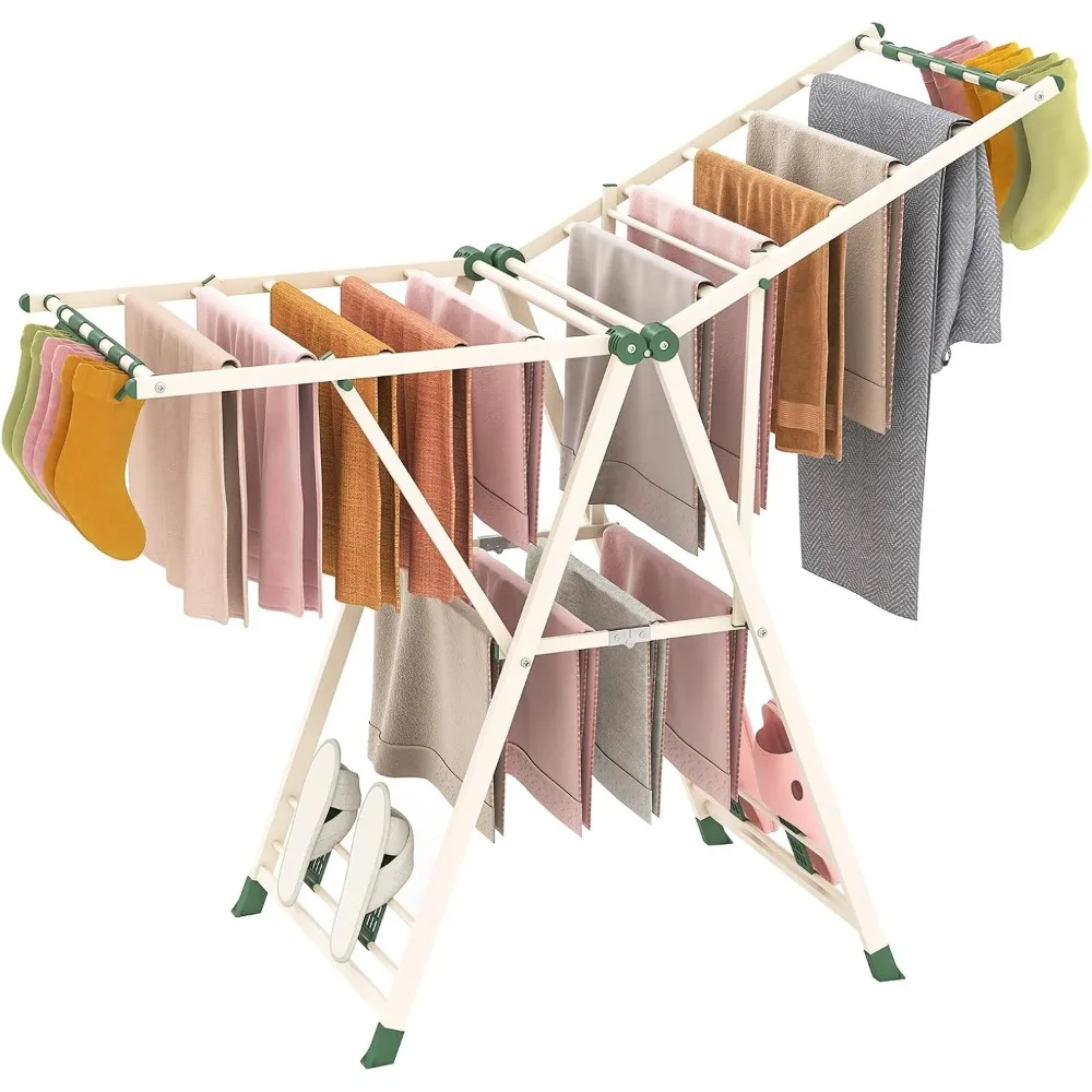 

Clothes Drying Rack, Foldable Metal Laundry Drying Rack with Height Adjustable Wings, 16 Drying Rails, Sock Clips & Shoe
