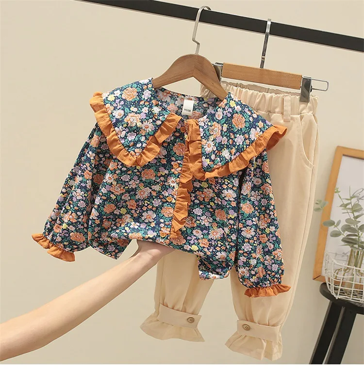 2023 new girls' spring autumn  floral  long-sleeved shirt Blouse+ Casual Pants 2pcs Clothing set