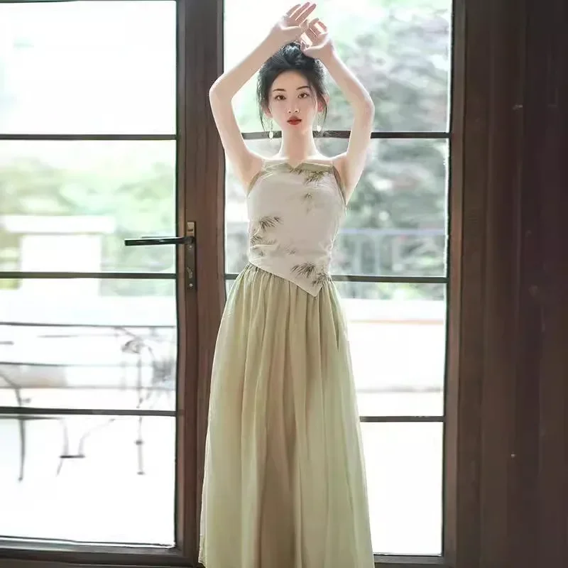 2023 Summer New Chinese Style Hanfu Tensil Strapless Blouse Half Skirt Three-piece Suit Fresh Colorful Printed Hanfu