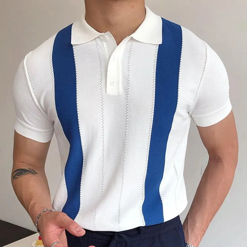 

2023 Summer Men's Short Sleeve Pullover with Polo Collar Stripe Contrast Bright Line Decoration Knitted POLO Shirt Casual Tops