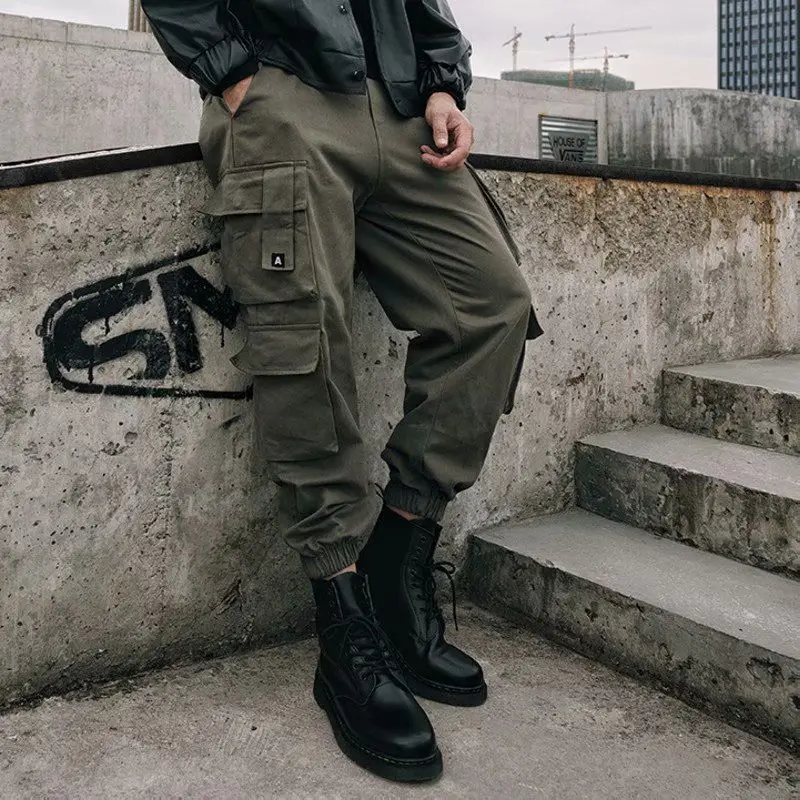 

Safari Style Streetwear Cargo Pants Elastic Band Chic Straight Loose Men Autumn Winter All-match Pockets Casual Fashion Trousers